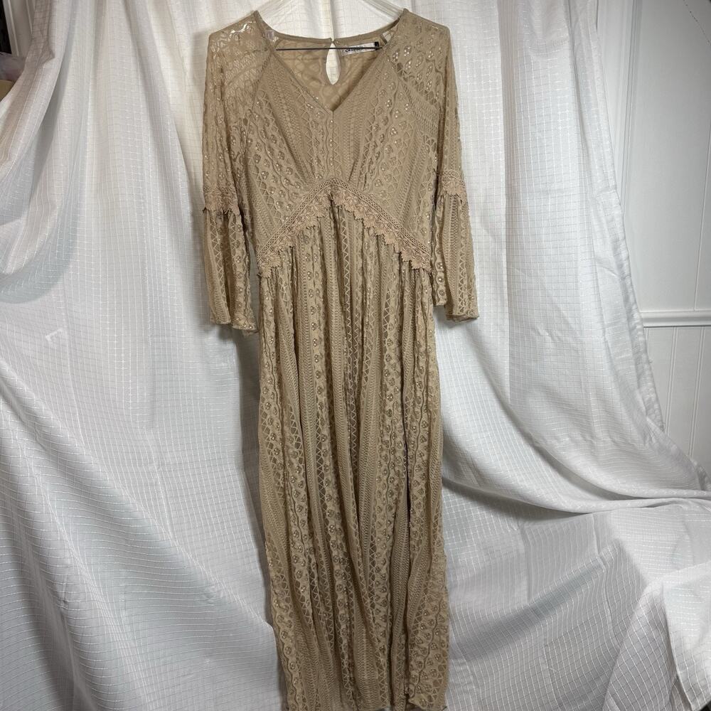 Origami by Vivien Dress Womens L Taupe Lace Boho Hippie Whimsigoth Fairy core